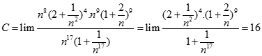 Giá trị của C = lim (2n^2 + 1)^4 (n + 2)^9 / n^17 + 1 bằng: A. + vô cùng  B. - vô cùng  C. 16  D. 1 (ảnh 2)