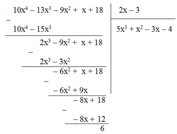 Tìm số nguyên x để phép chia 10x^4 – 13x^3 – 9x^2 + x + 18 chia hết cho 2x – 3. (ảnh 1)