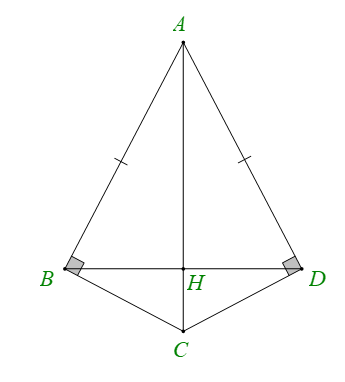 Cho hình vẽ dưới đây, biết AB vuông góc với BC, AD vuông góc với CD và cạnh AB = AD. Khẳng định sai là (ảnh 1)