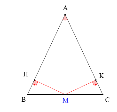 Cho tam giác ABC cân tại A. Tia phân giác góc BAC cắt BC tại M. Đường thẳng qua M và vuông góc (ảnh 1)