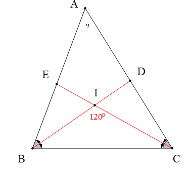 Cho tam giác tam giác ABC, đường phân giác BD và CE cắt nhau tại I. Biết (ảnh 1)