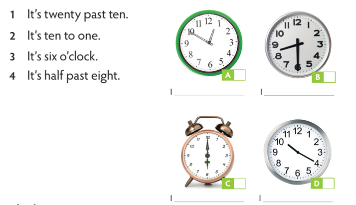 Match the clocks and the times. Write 1-4 in the boxes. What do you do at these times (ảnh 1)