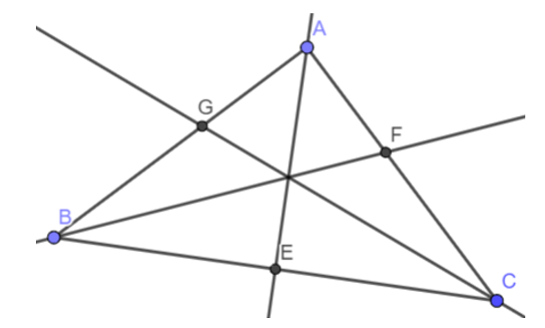Cho tam giác ABC bất kì. Lần lượt vẽ các tia phân giác AE, BF, CG của các góc (ảnh 1)