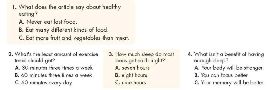 Read the article about how to stay healthy. Choose the correct answer (A, B, or C). (ảnh 1)