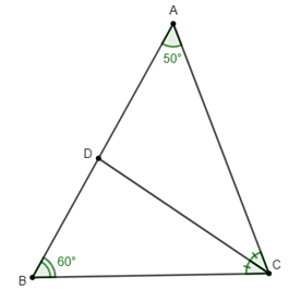 Cho tam giác ABC có góc A = 50 độ, góc B = 60 độ , tia phân giác góc C cắt AB tại D. Tính (ảnh 1)