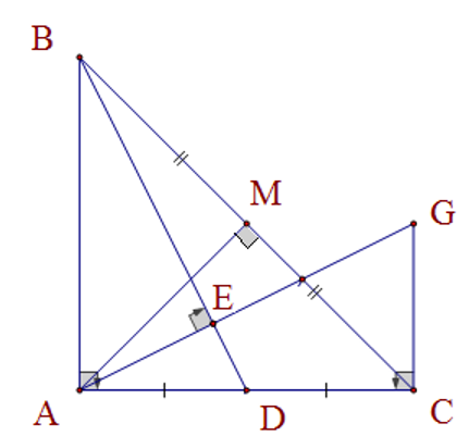 Cho tam giác ABC vuông tại A có AM ⊥ BC tại M và M là trung điểm của BC (ảnh 1)
