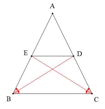 Cho tam giác ABC cân tại A. Tia phân giác của góc B và góc C cắt cạnh AC, AB lần lượt ở D và E. (ảnh 1)
