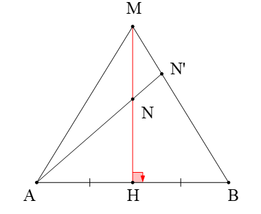 Đường trung trực của đoạn AB cắt AB tại H. Hai điểm M, N là hai điểm trên đường trung trực (ảnh 1)