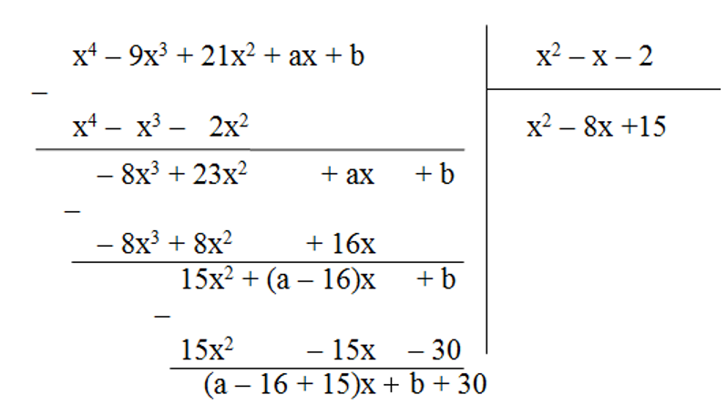 Cho đa thức F(x) = x^4 – 9x^3 + 21x^2 + ax + b và G(x) = x^2 – x – 2. (ảnh 1)