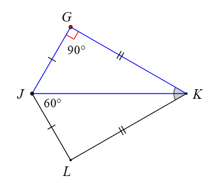 Cho hình vẽ dưới đây, biết JG = JL, GK = LK,góc KJL= 60 độ , góc JGK = 90 độ. (ảnh 1)