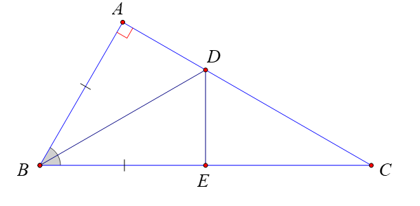 Cho tam giác ABC vuông tại A, BD là tia phân giác của góc ABC và BA = BE. Số đo góc BED là (ảnh 1)