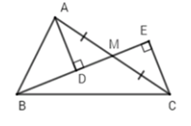 Cho tam giác ABC vuông tại A. Gọi M là trung điểm của AC, D và E theo thứ tự là hình chiếu (ảnh 1)