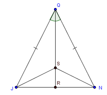 Cho tam giác QJN cân tại Q có QR là tia phân giác góc JQN (R thuộc JN). Trên QR lấy điểm S. (ảnh 1)