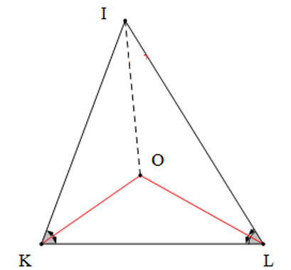 Cho tam giác KIL có góc I là 62 độ. Đường phân giác góc K và góc L cắt nhau tại O (ảnh 1)