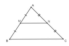 Cho tam giác ABC có M và N lần lượt là trung điểm của AB và AC. Khẳng định nào sau đây là đúng? (ảnh 1)