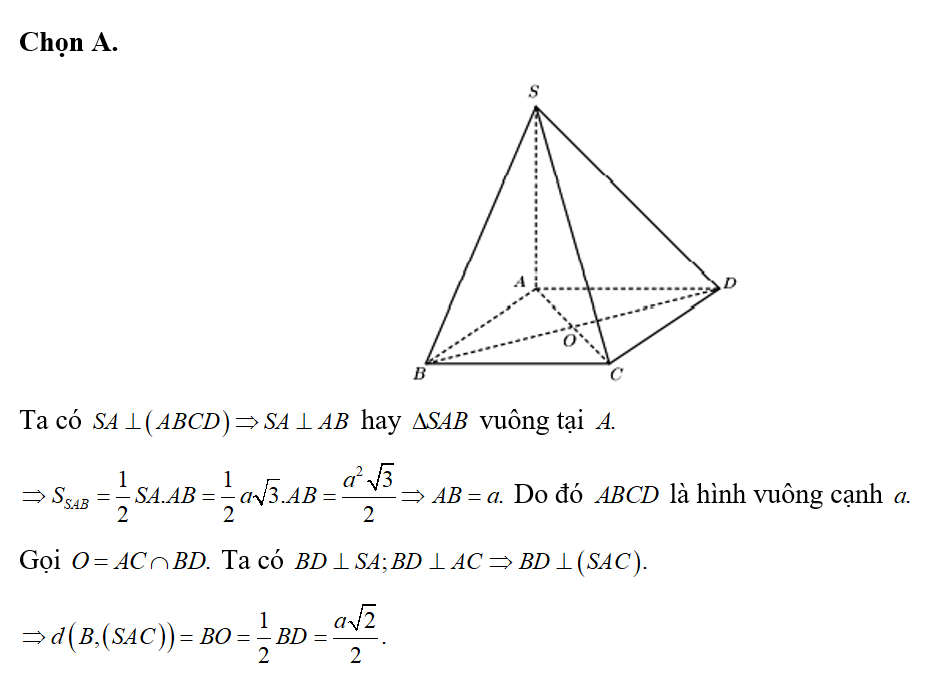 Cho hình chóp S.ABCD có đáy ABCD là hình vuông, cạnh bên SA vuông góc với đáy (ảnh 1)