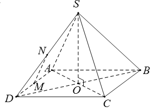 Cho hình chóp S.ABCD  có đáy là hình vuông ABCD  cạnh bằng a  và các cạnh bên đều bằng a . Gọi M  và N  lần lượt là trung điểm của AD  và SD . (ảnh 1)