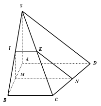 Cho hình chóp S.ABCD, với đáy ABCD là hình thang vuông tại A, đáy lớn AD = 8, BC = 6, SA vuông góc với mặt phẳng (ABCD), SA = 6. Gọi M là trung điểm AB. (ảnh 1)