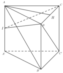 Cho lăng trụ đứng ABC.A'B'C 'có đáy ABC cân đỉnh A, góc ABC = anpha, BC' tạo đáy góc beta . Gọi I  là trung điểm của AA' (ảnh 1)