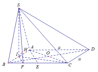 Cho hình chóp S. ABCD có đáy ABCD là hình thoi tâm O, cạnh a, đường chéo AC = a, mặt bên SAB là tam giác cân tại S và nằm trong mặt phẳng vuông góc với đáy; (ảnh 1)