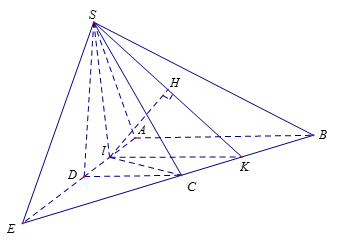 Cho hình chóp S.ABCD có đáy ABCD là hình thang vuông tại A và D, AB = AD = 2a, CD = a; góc giữa hai mặt phẳng (SBC) và (ABCD) bằng 60 độ. Gọi I là trung điểm của AD (ảnh 1)