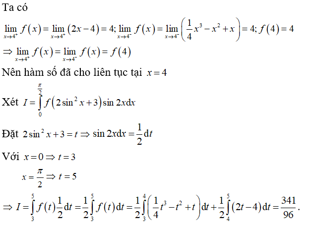 Cho hàm số f(x) = 2x - 4 khi x lớn hơn hoặc bằng 4; 1/4 x^3 - x^2 + x khi x nhỏ hơn 4 . Tích phân (ảnh 1)