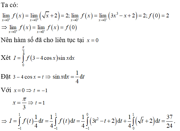 Cho hàm số f(x) = căn x + 2 khi x lớn hơn hoặc bằng 0; 3x^2 - x + 2 khi x nhỏ hơn 0. Tích phân (ảnh 1)