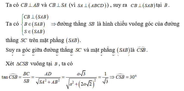 Cho hình chóp SABCD  có đáy ABCD  là hình chữ nhật. Cạnh bên SA  vuông góc với đáy (ảnh 1)