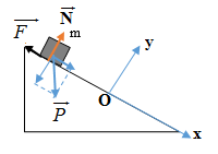 Vật m = 3 kg chuyển động lên mặt phẳng nghiêng góc 450 so với phương ngang dưới tác dụng của lực kéo F. (ảnh 2)
