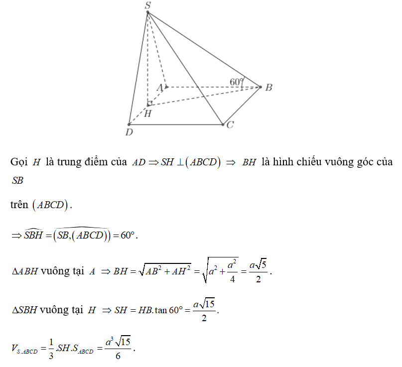 Cho hình chóp SABCD  có đáy là hình vuông cạnh a , hình chiếu vuông góc của S  lên mặt phẳng (ABCD) (ảnh 1)