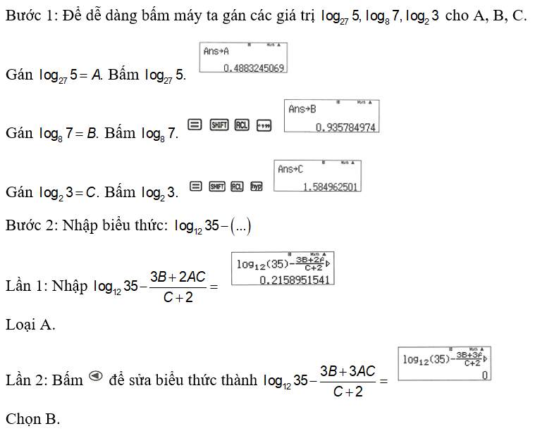 Nếu log 27 5 = a, log 8 7 = b, log 2 3= c  thì log 12 35  bằng (ảnh 1)