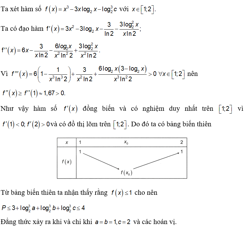 Cho các số thực a, b, c thuộc [1;2]  thỏa mãn điều kiện log 2 a^3 + log 2 b^ 3 + log 2 c ^3 nhỏ hơn hoặc bằng 1 (ảnh 1)