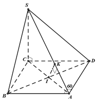 Cho hình chóp tứ giác S.ABCD, có đáy ABCD là hình thoi tâm I cạnh bằng A và góc A= 60 độ, cạnh SC = a căn bậc hai 6/2  và SC vuông góc với mặt phẳng (ABCD). (ảnh 1)