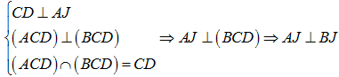 Cho hai tam giác ACD và BCD  nằm trên hai mặt phẳng vuông góc với nhau và AC = AD = BC = BD = a, CD = 2x. Gọi I, J  lần lượt là trung điểm của AB  và CD  (ảnh 2)