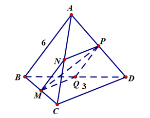 Cho tứ diện ABCD có AB = 6, CD = 3. Góc giữa AB và CD bằng 60 độ. Điểm M nằm trên đoạn BC sao cho BM = 2MC. Mặt phẳng (P) qua M  song song với AB và CD (ảnh 1)