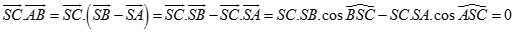 Cho hình chóp S.ABC có SA = SB = SC và góc asb = góc bsc = góc csa. Hãy xác định góc giữa cặp vectơ sc và vecto ab? (ảnh 2)