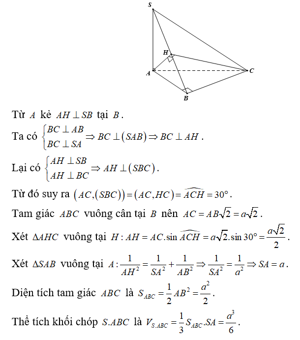 Cho hình chóp SABC  có đáy ABC là tam giác vuông cân tại B , SA vuông góc với mặt phẳng SAC , AB = a . Biết góc giữa đường thẳng (ảnh 1)