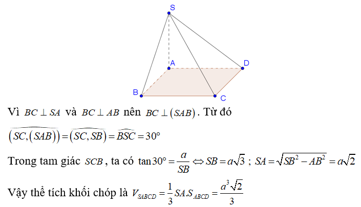 Cho hình chóp SABCD  có đáy là hình vuông cạnh a . Cạnh bên SA  vuông góc với mặt phẳng đáy, cạnh bên SC tạo với mặt phẳng (ảnh 1)