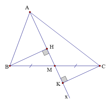 Cho tam giác ABC có M là trung điểm cạnh BC. Kẻ tia Ax đi qua M. Qua B, C  (ảnh 1)