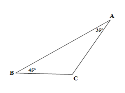 Cho tam giác ABC có góc A = 35 độ, góc B = 45 độ Số đo góc C là: A.70 độ; B. 80 độ; C. 90 độ (ảnh 1)