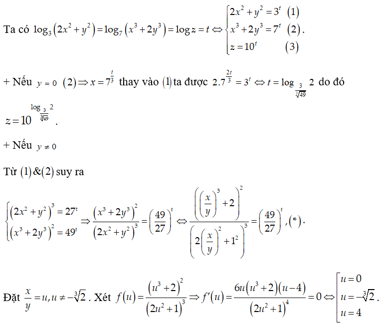 Cho các số thực x,y, z  thỏa mãn log 3 ( 2x^2 + y^2) = log 7 ( x^3 + 2y^3) = log z . Có bao giá trị nguyên của (ảnh 1)