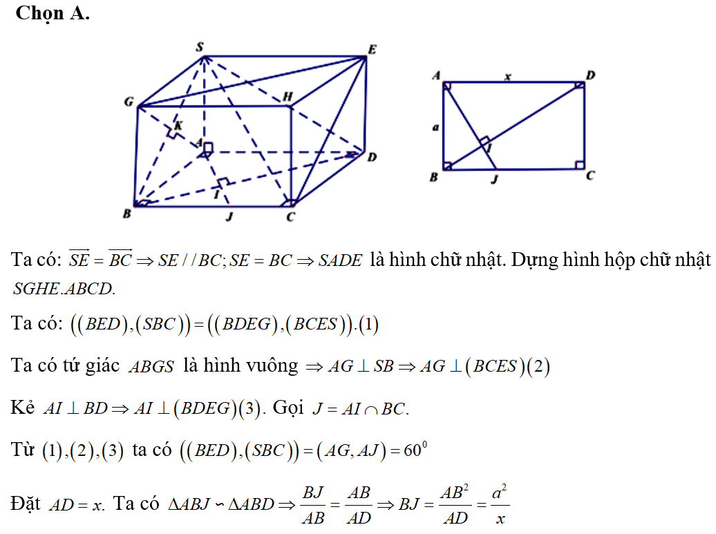 Cho hình chóp S.ABCD có đáy là hình chữ nhật, AB= a. Biết SA vuông góc (ABCD), SA= a. (ảnh 1)