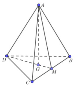 Cho tứ diện đều ABCD cạnh a. Gọi phi là góc giữa hai mặt phẳng (ABC) và (DBC). Tính cos phi? (ảnh 1)