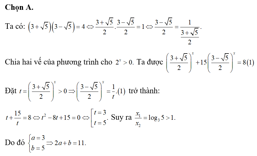 Biết phương trình (3+ căn bậc hai 5)^2+ 15(3- căn bậc hai 5)^x= 2^x+3 có hai nghiệm x1,x2  (ảnh 1)