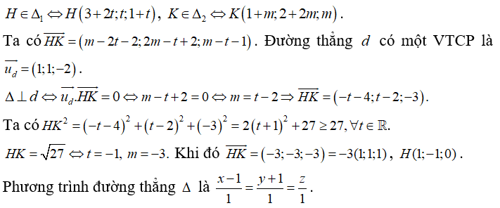 Trong không gian Oxyz , cho ba đường thẳng d: x/ 1 = y/1 = z + 1/ -2 (ảnh 1)