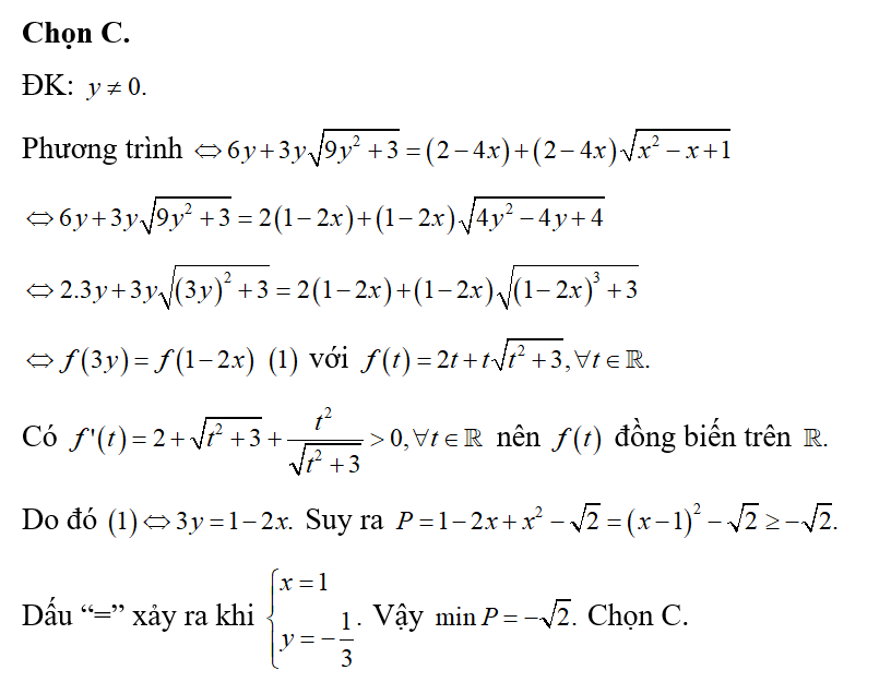 Cho các số thực x,y thay đổi và thỏa mãn điều kiện  2/ căn bậc hai 9y^2+3 / 1+ căn bậc hai x^2-x +1 (ảnh 1)