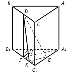 Cho hình lăng trụ ABC.A1B1C1 có các mặt bên là các hình vuông cạnh a. Gọi D, E, F  lần lượt là trung điểm các cạnh BC, A1C1, B1C1. (ảnh 1)