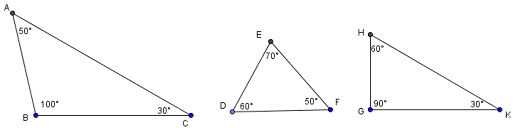 Cho các tam giác dưới đây (hình vẽ). Tam giác tù là A. Tam giác GHK; B. Tam giác DEF (ảnh 1)
