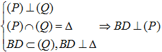 Cho hai mặt phẳng vuông góc (P) và (Q) có giao tuyến debta. Lấy A, B cùng thuộc denta và lấy C trên (P), D trên (Q) sao cho AC vuông góc AB, BD vuông góc AB (ảnh 3)