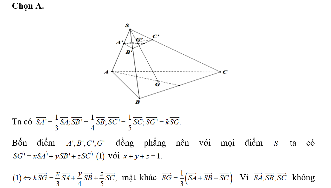 Trong không gian Oxyz cho hình chóp S.ABCD có S(2;3;1) và G(-1;2;0) là trọng tâm (ảnh 1)